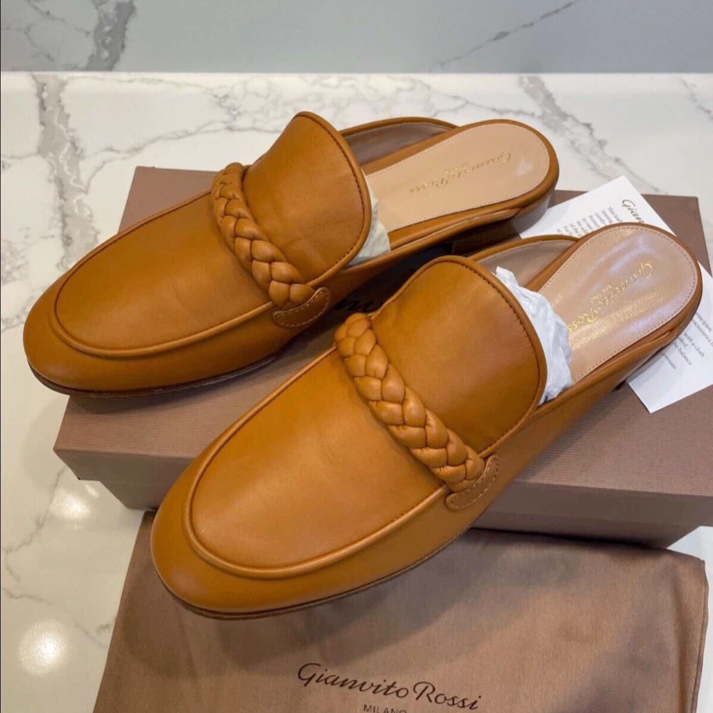 Gianvito Rossi Braided Leather Flat Loafer Mules 7.5 B/37.5 Eu